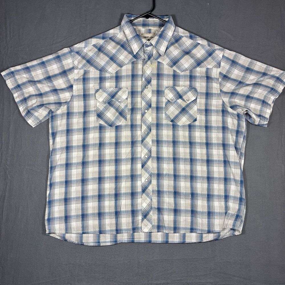 Rustler Western Shirt Mens 2XL Blue Plaid Pearl Snap Sawtooth Pockets Silver Th
